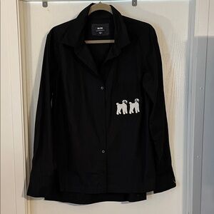 Anthropologie Mauve Black Cotton Button-Up Shirt with Dog Embroidered Pocket LG